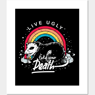 Live Ugly Fake Your Death Funny Rainbow Opossum Vintage Posters and Art